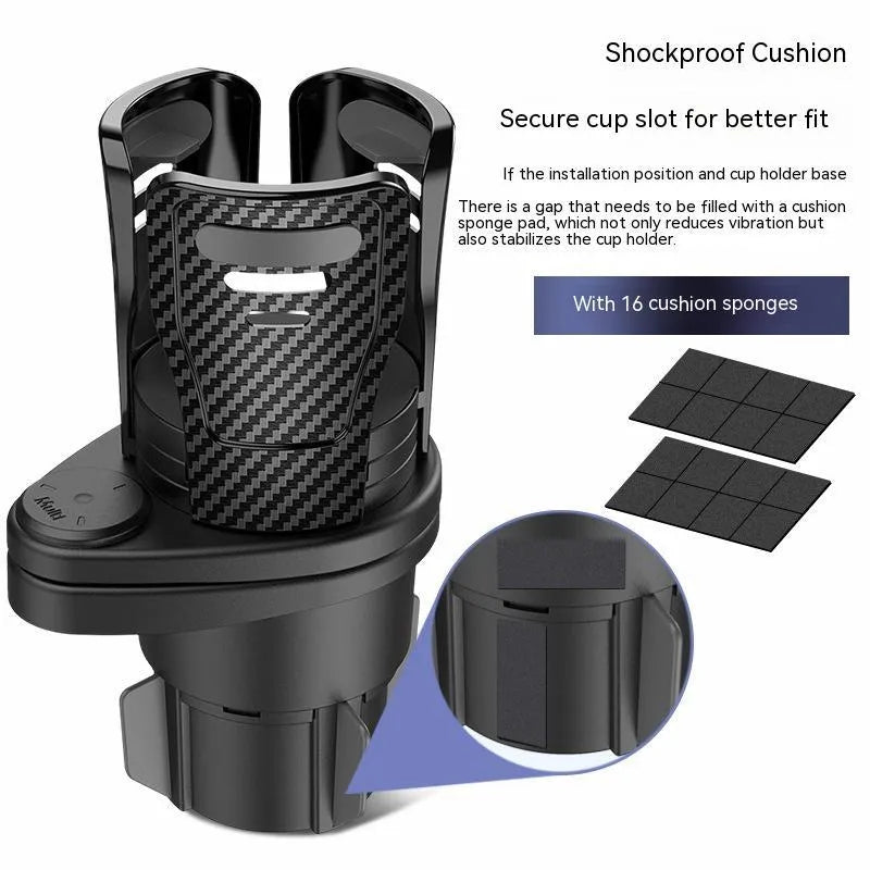 Black car cup holder with carbon fibre pattern and matte finish for dashboard installation