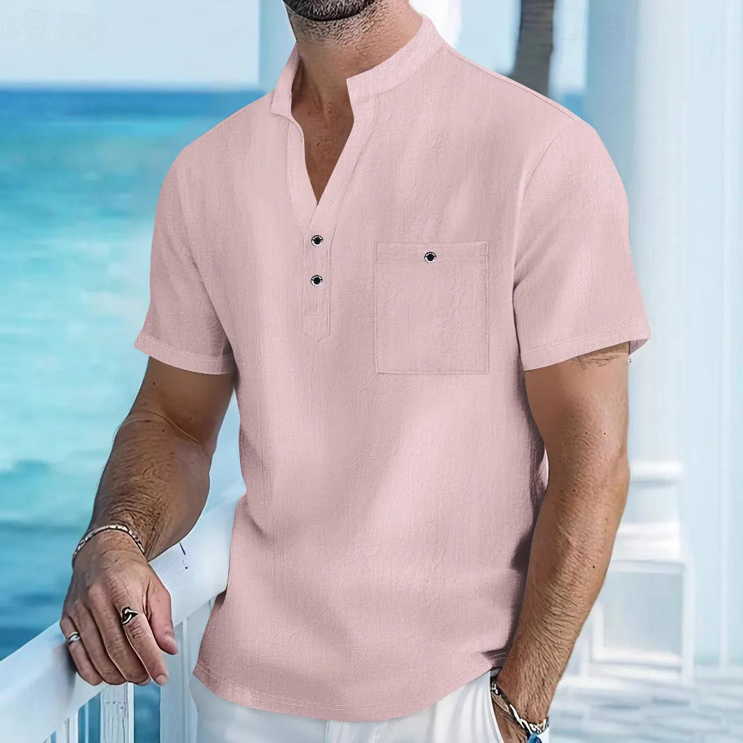 Men's linen blend stand collar short sleeve T-shirt in loose casual fit