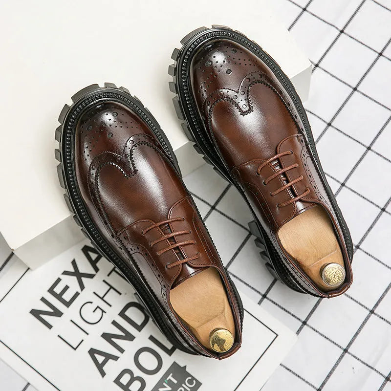 Men's black business brogue shoes with round toe design and artificial leather upper