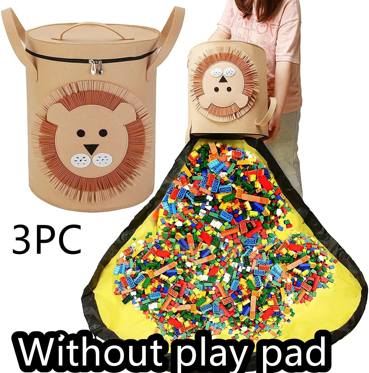 Green felt cube storage bag with a pull rope, laid flat as a play mat.