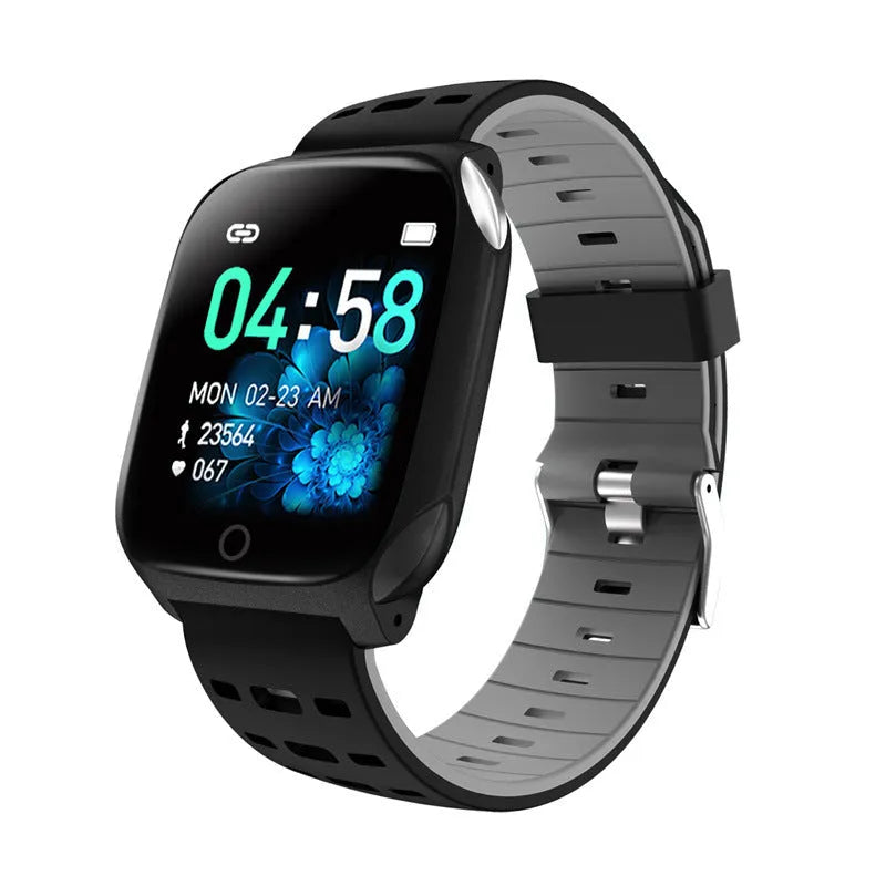 F16 smart watch with ECG, blood pressure, and heart rate monitoring on a silicone wristband.