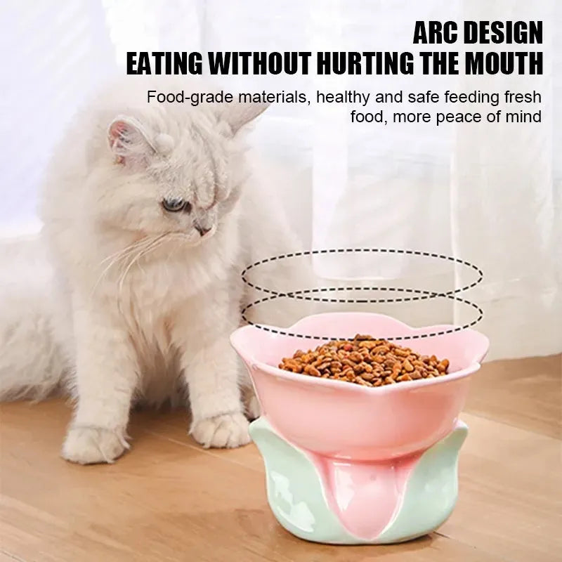 Blue floral patterned ceramic elevated pet bowl with non-slip base for cats and small dogs