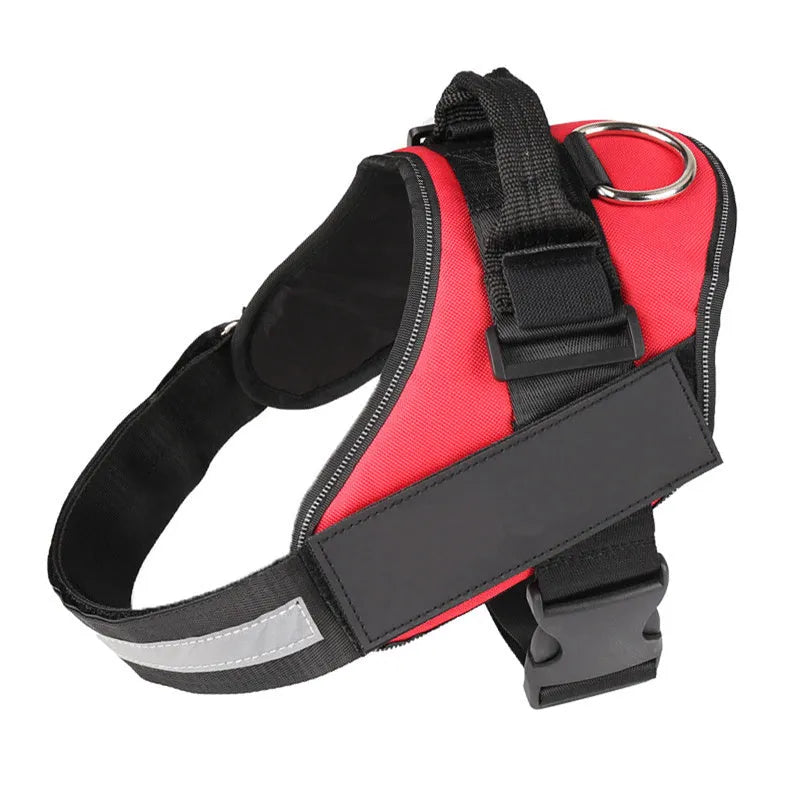 A reflective adjustable dog harness vest shown on a dog, with a handle and D-ring for leash attachment.