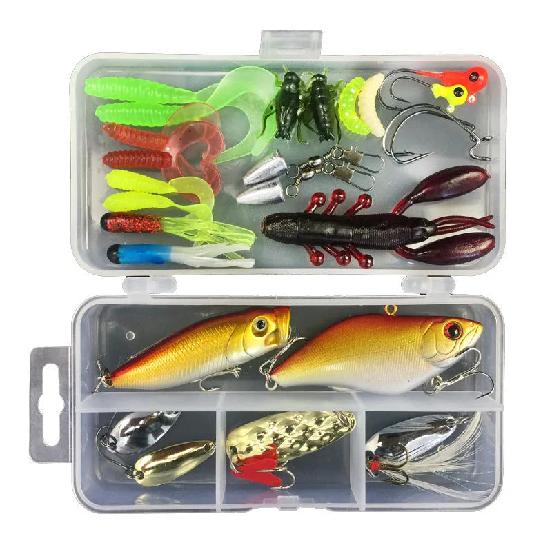 Junior entry-level fishing bait lure suit set in a PP storage box, showing multiple lure types.