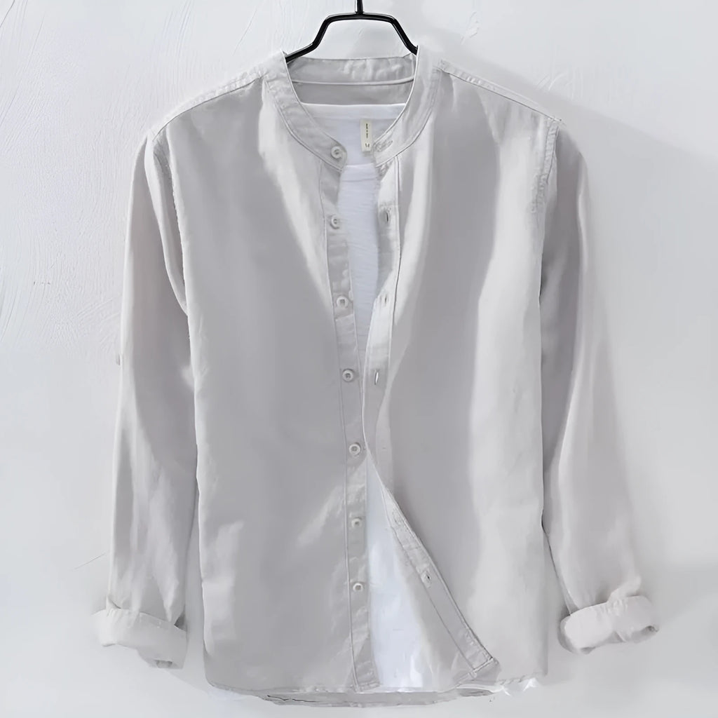 Men's loose fit linen cotton long sleeve shirt in dark blue colour showing button-up design