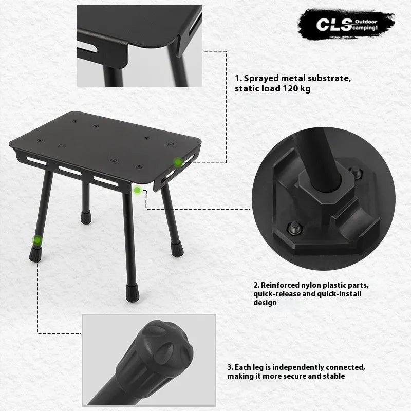 Aluminium folding camping stool that converts into a small table, shown with a tactical storage bag and a beige PU cushion.