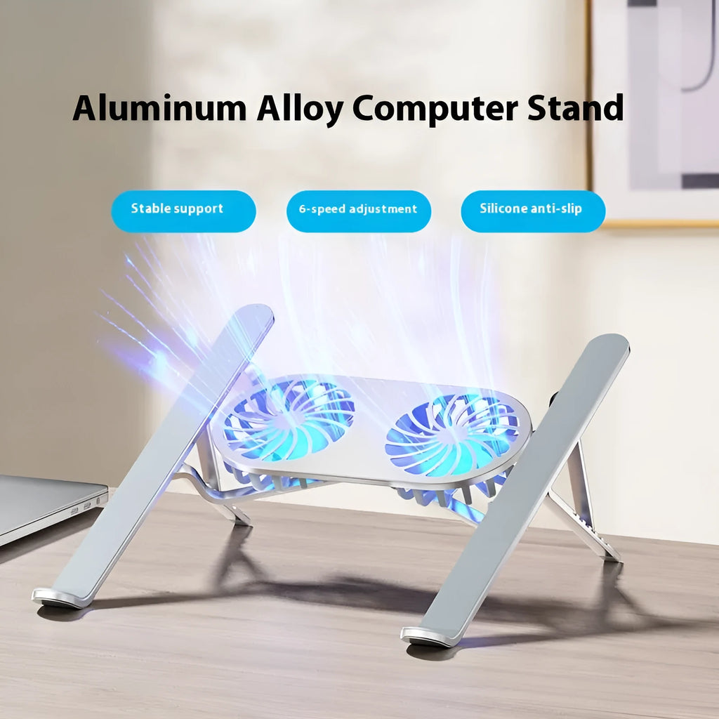 Silver aluminium laptop stand with twin cooling fans in a lifted position on a desk