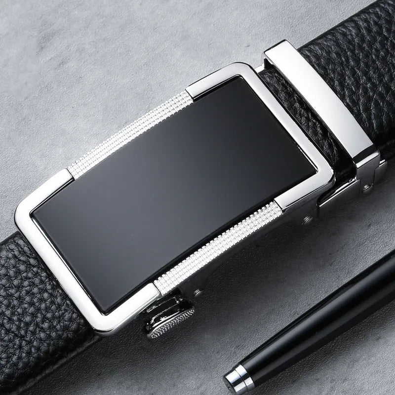 Men's leather automatic buckle belt in gun black, silver, and gold colour options on a white background