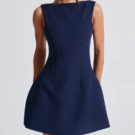 Women's black backless slim-fit summer dress with sleeveless sling straps and high waist.