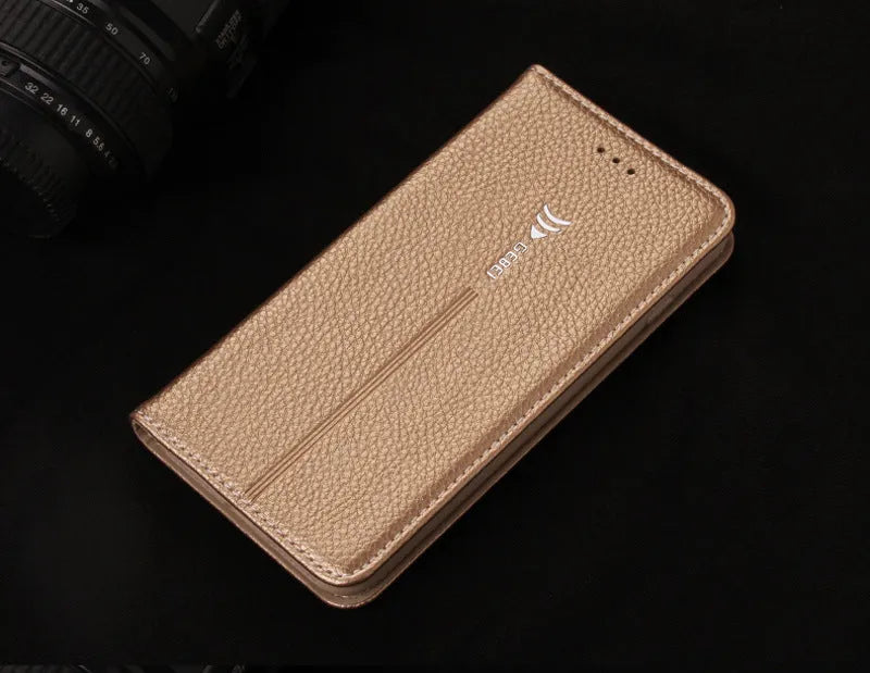 Black PU leather business wallet case for iPhone X showing card slot and cash compartment.