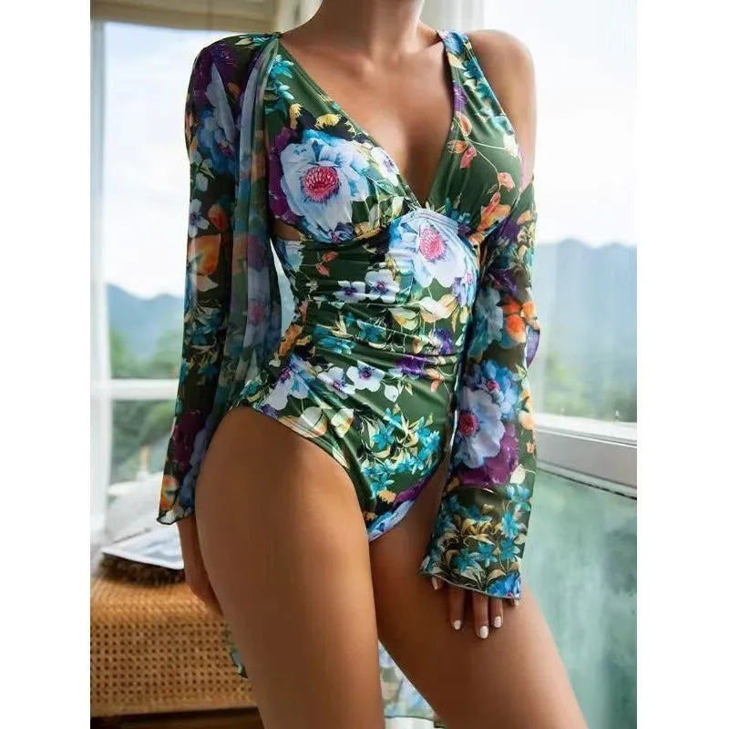 Women's floral print tight bikini and matching cover-up set in a choice of seven colours.