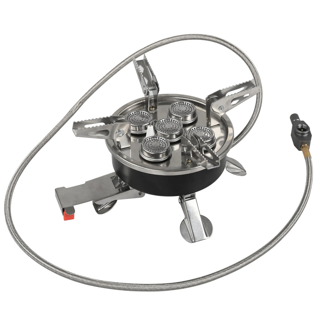 Silver portable split camping stove made of stainless steel and copper, showing its compact size and 100cm connecting hose.