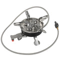 Silver portable split camping stove made of stainless steel and copper, showing its compact size and 100cm connecting hose.