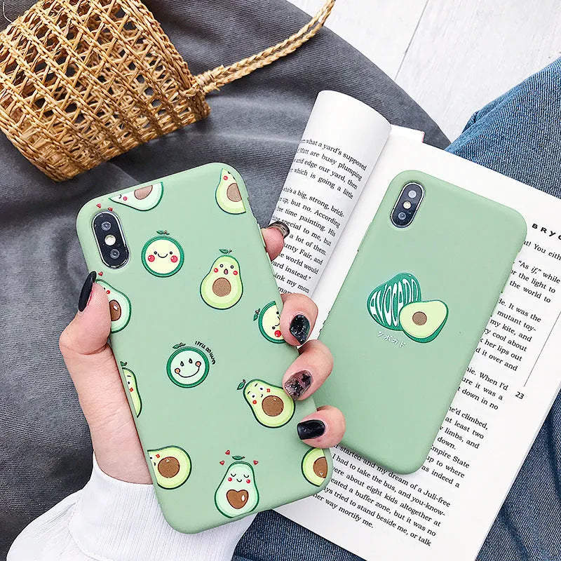 Flexible TPU phone case with colourful painted cartoon avocado design for iPhone.