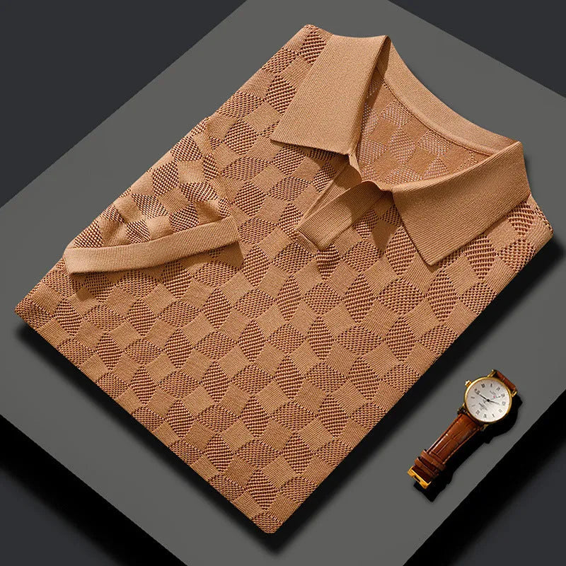 Men's mulberry silk short sleeve lapel sweater in a solid colour on a hanger.