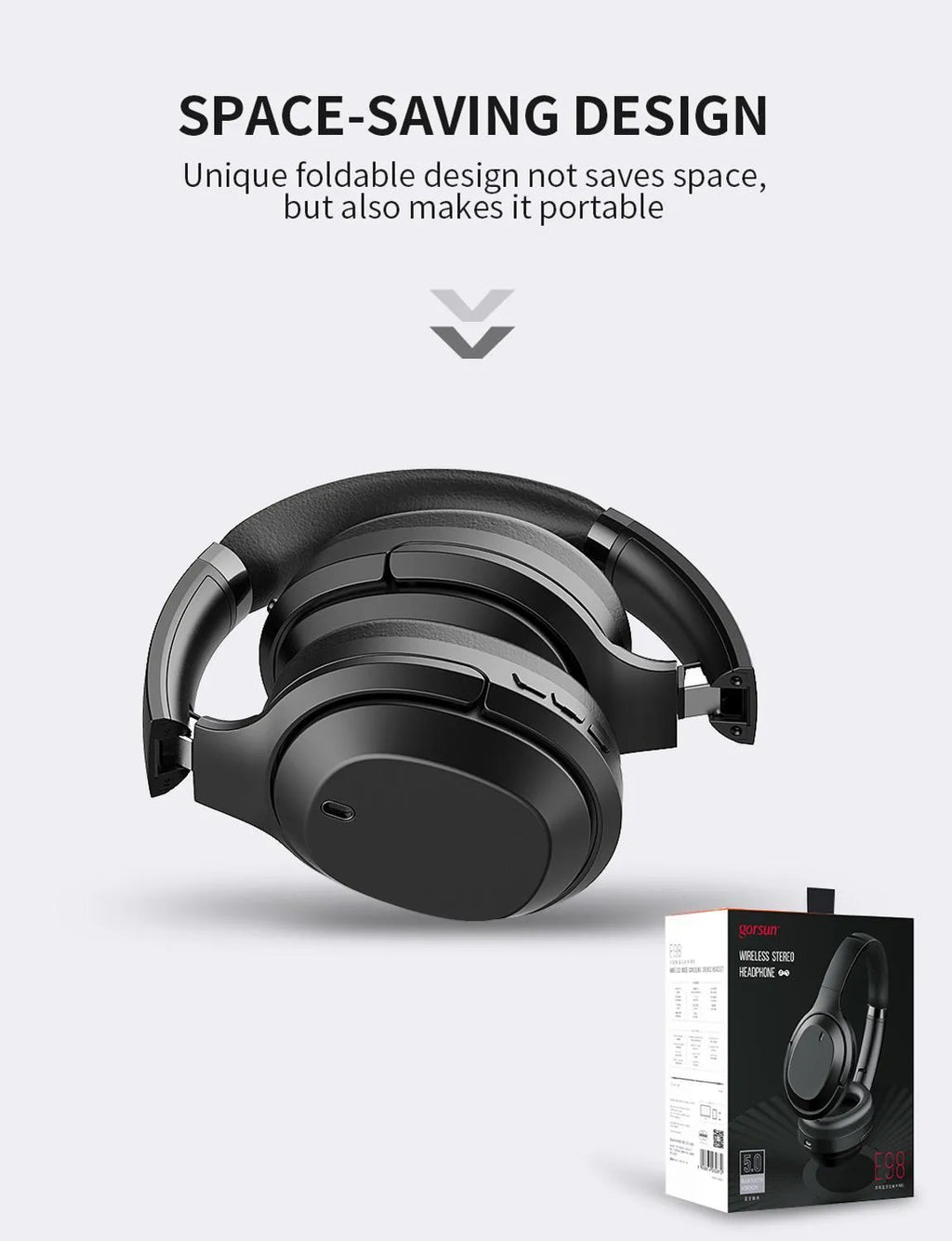 Black Gorsun E98 wireless Bluetooth over-ear headphones with adjustable headband and memory-protein ear cushions