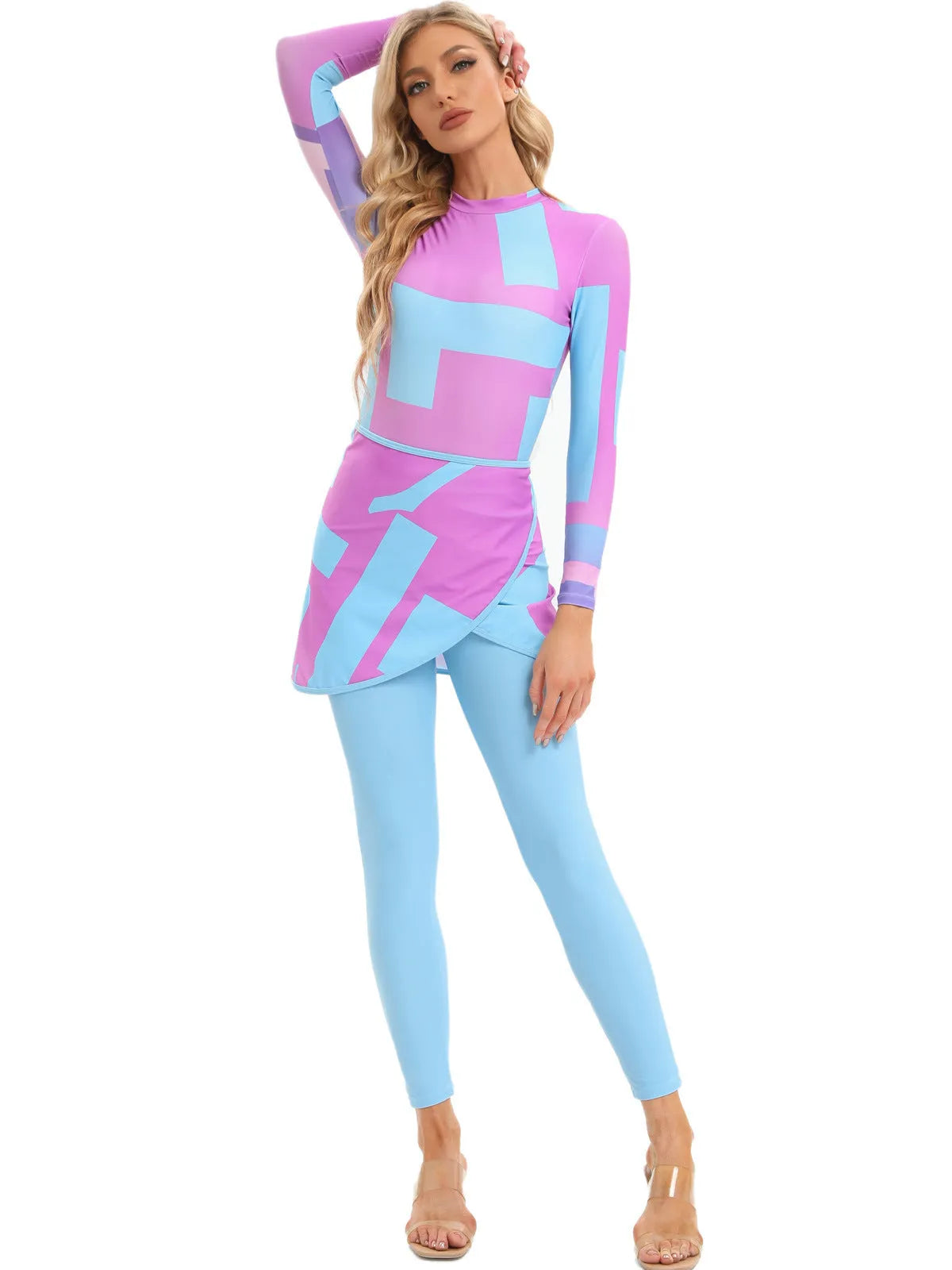 Conservative Muslim women's three-piece swimsuit set in blue, with a matching apron, on a mannequin.