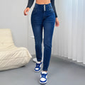 Dark blue women's straight-leg denim trousers with button and zip fastening