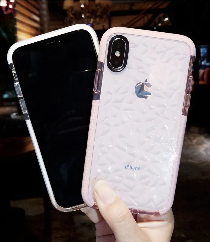 TPU striped back cover phone case for iPhone, shown in pink edge, white edge, and black border colour options.