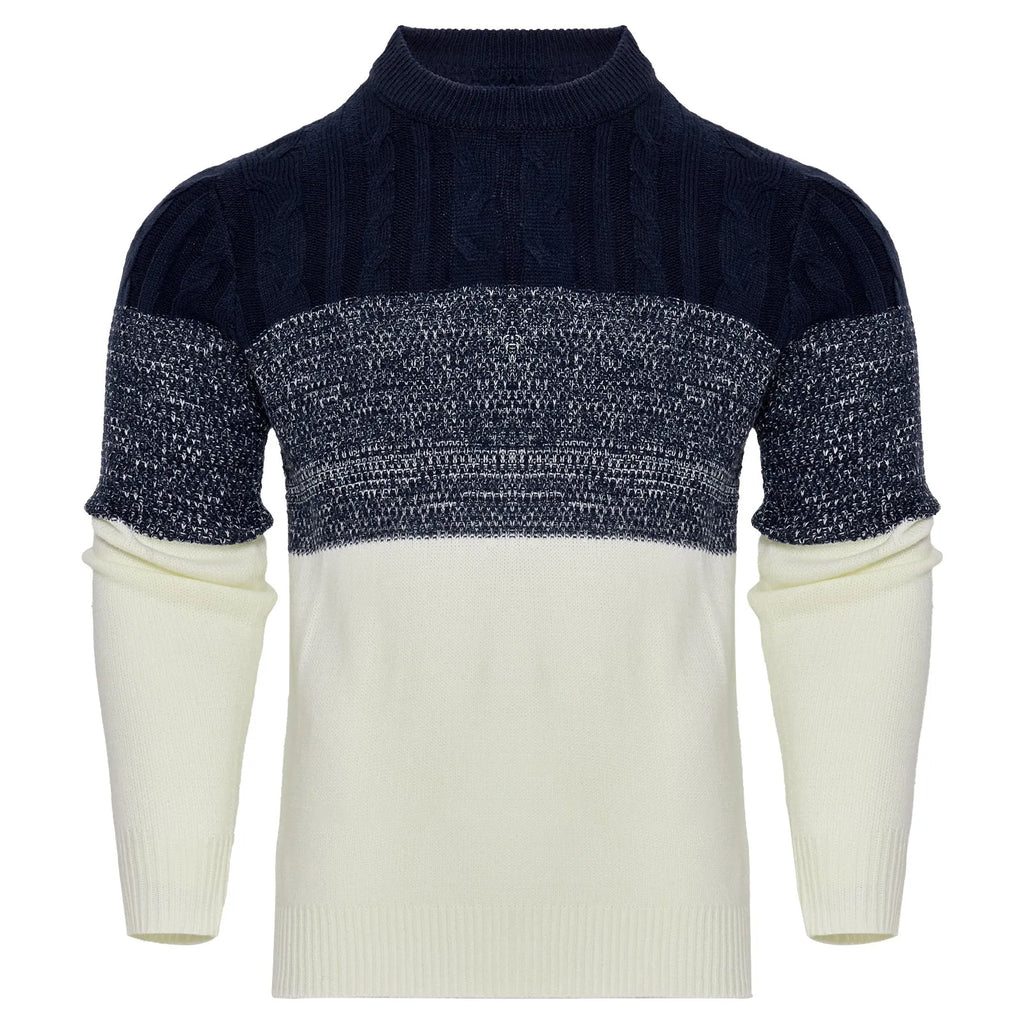 Men's grey knitted crew neck pullover sweater on a hanger.