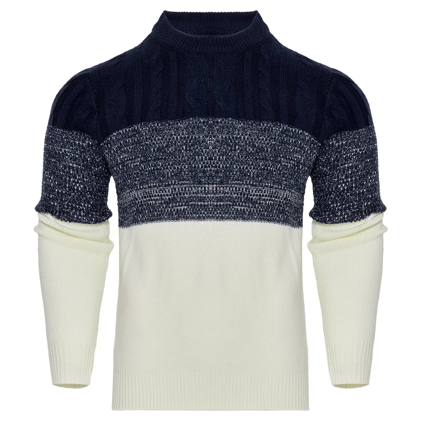 Men's grey knitted crew neck pullover sweater on a hanger.