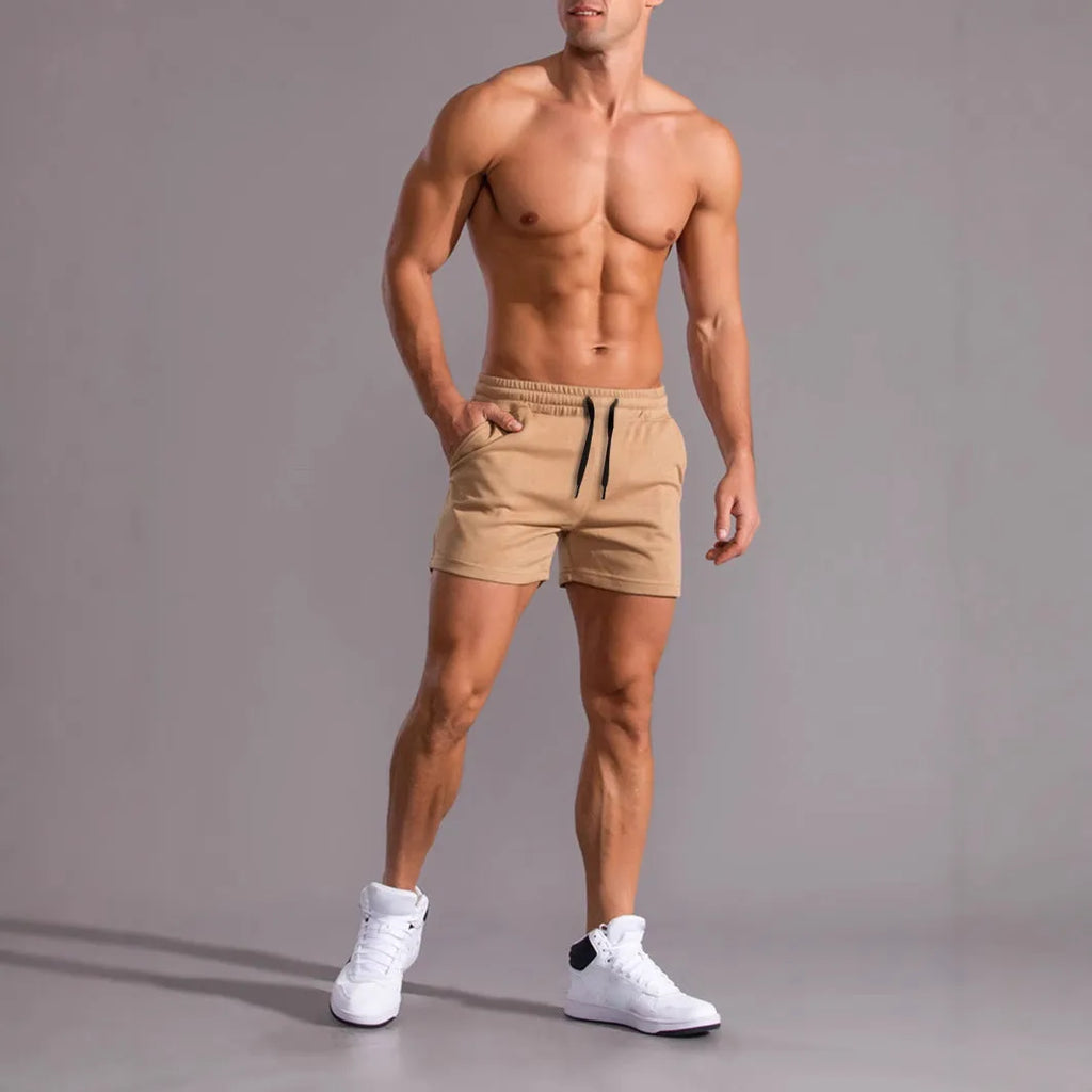 Men's three-pack drawstring shorts in black, khaki and light brown colours with elastic waistband