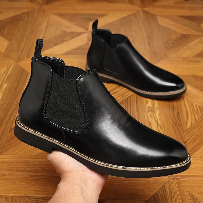 Men's black formal leather boots with pointed toe and square heel on rubber sole