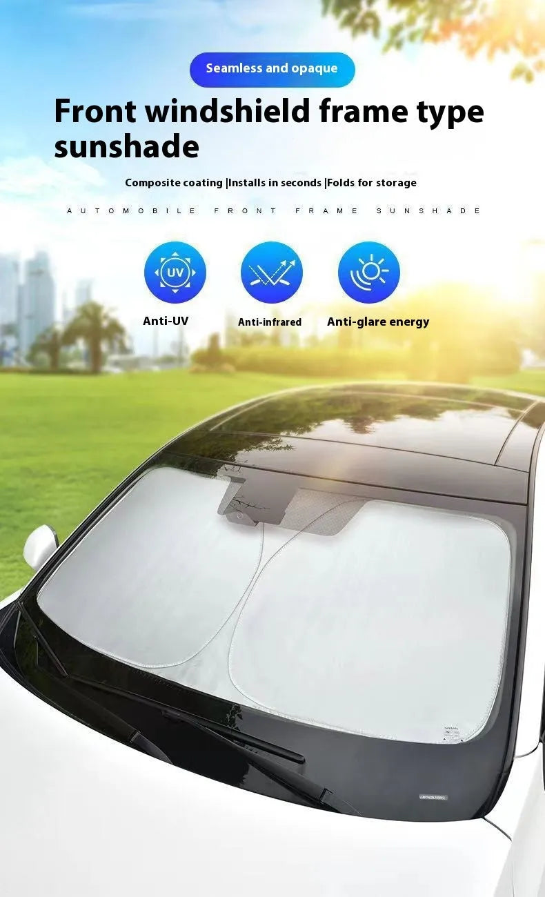 Aluminium foil car windscreen sunshade in titanium silver, shown folded and unfolded.