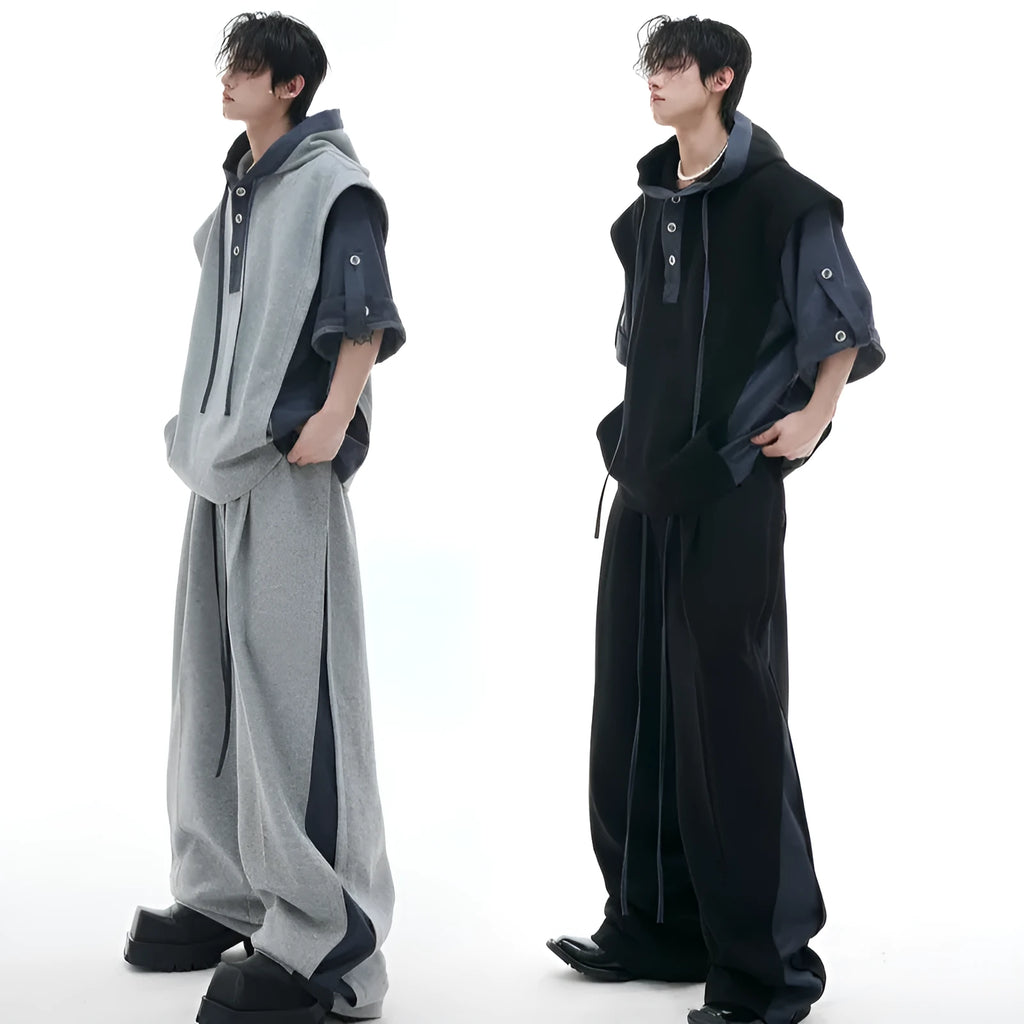 Men's black hooded short sleeve sports jacket with three-dimensional stitching and matching trousers