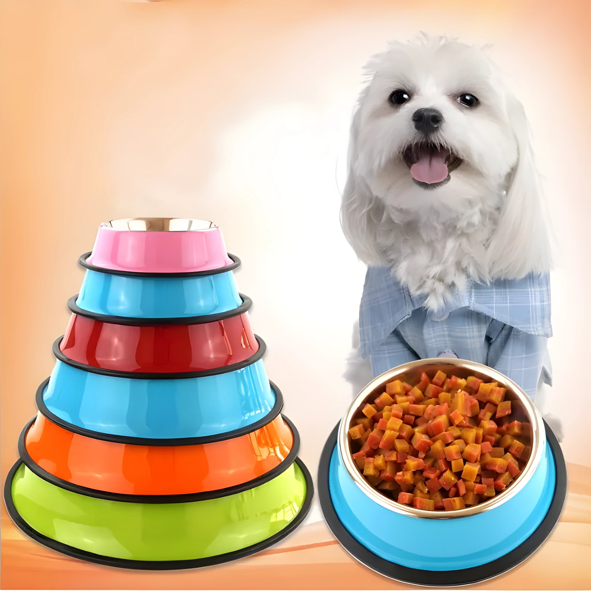 Stainless steel pet bowl inside colourful melamine pot with non-slip base