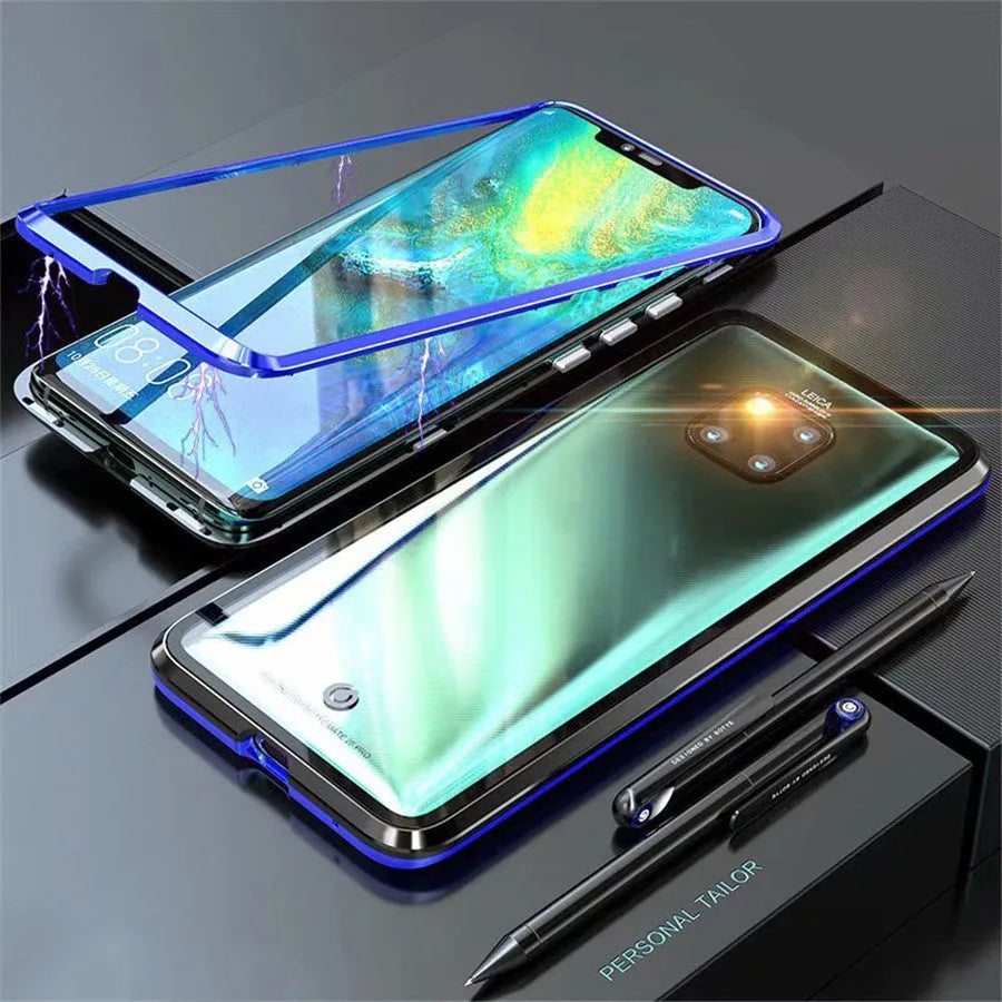 Black magnetic metal phone case with tempered glass back for Huawei P30 phone