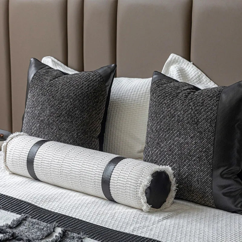 Modern grey and white plaid bed runner set with leather round pillow on 1.5m bed