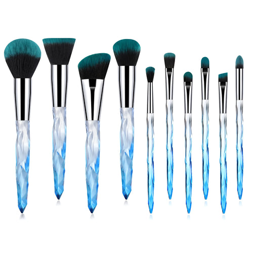 Ten crystal-handled foundation brushes with artificial fibre bristles in black, blue, red, and yellow.