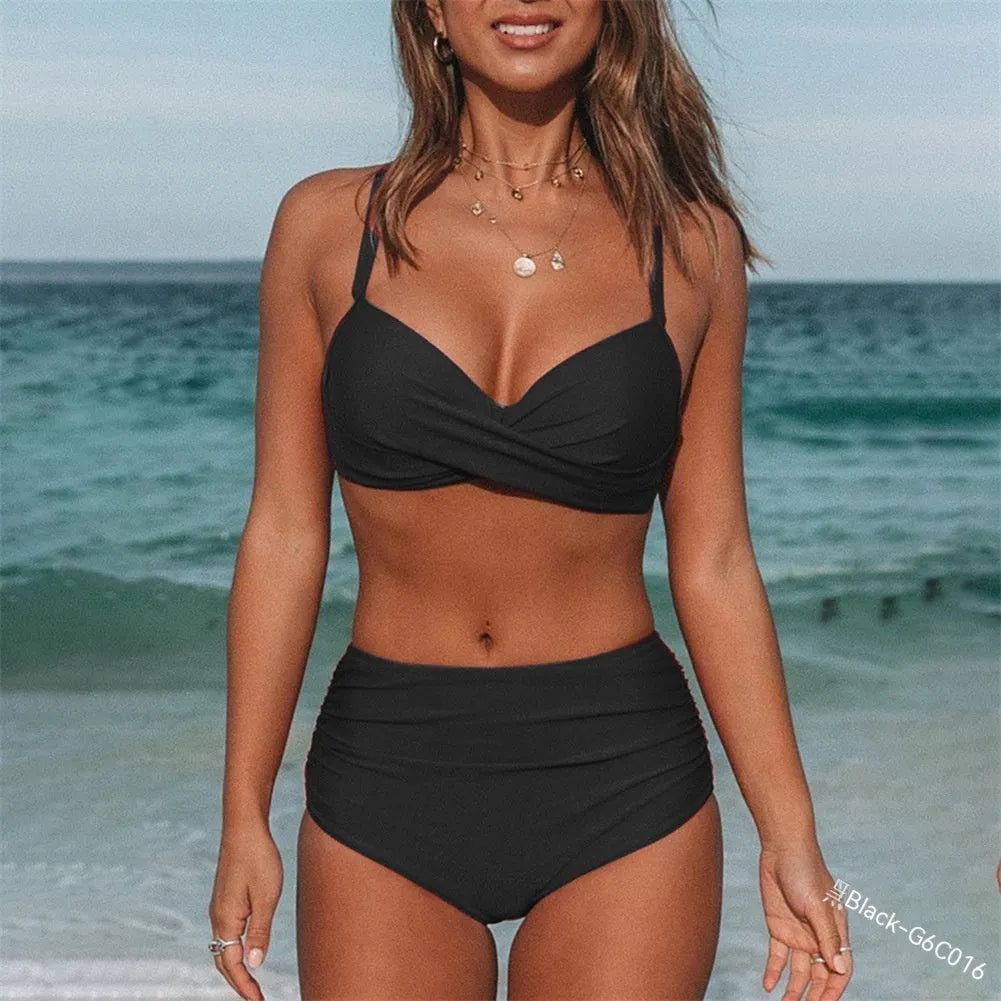 Women's cross-strap bikini swimsuit in solid colour with nylon fabric