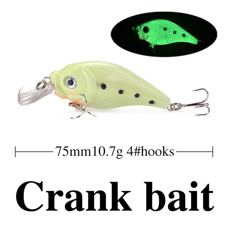 Five 3D fluorescent hard fishing lures with submerged luminous finish in mixed colours