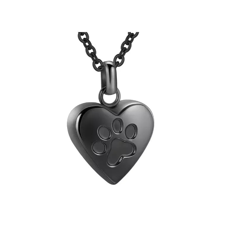 Openable heart-shaped titanium steel memorial necklace with love paw print design in silver finish.