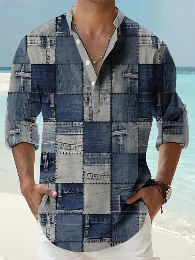 Men's long sleeve striped Hawaiian shirt in thin polyester fabric showing digital print pattern