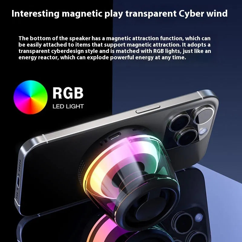 Compact white Bluetooth speaker with ambient lighting effects on metallic surface