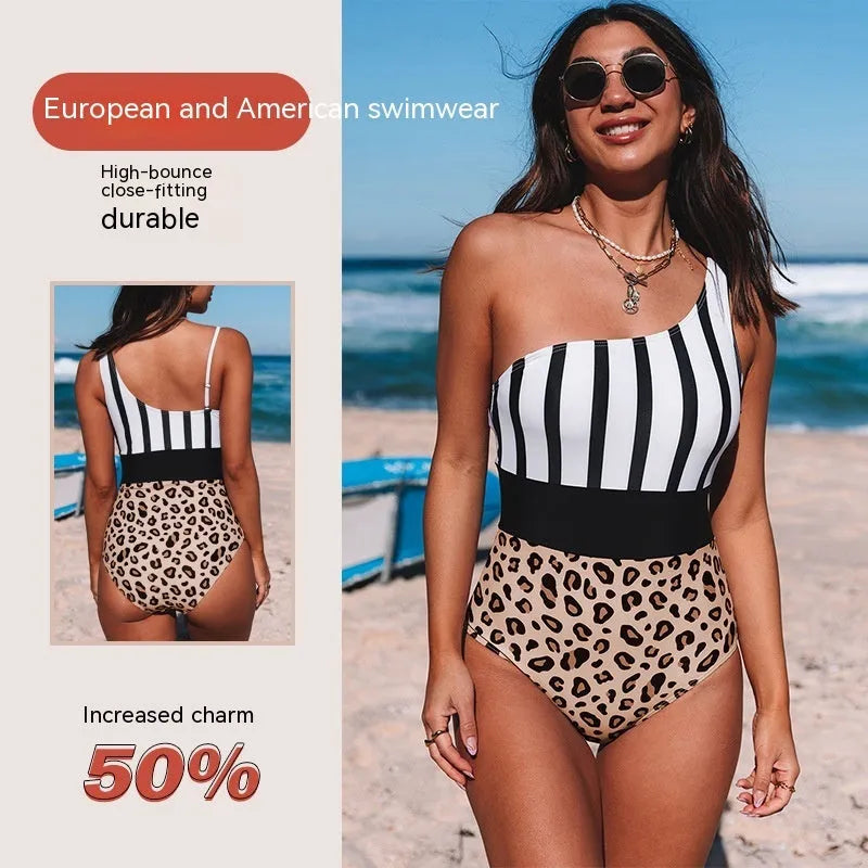 Women's leopard print one-piece swimsuit with asymmetric collar and high-waist triangle brief design