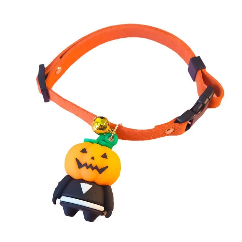 Halloween dog collar decoration in luminous skull design showing polyester material and size measurement indicators