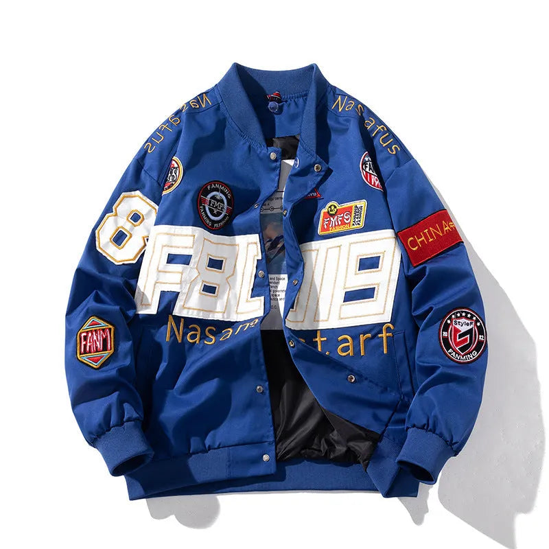 Black motorcycle baseball uniform jacket with removable hood shown in loose fit sizing