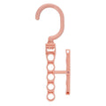 Blue rotating wardrobe hanger with five hooks and handle for organising multiple clothing items