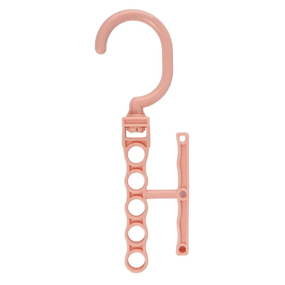 Blue rotating wardrobe hanger with five hooks and handle for organising multiple clothing items