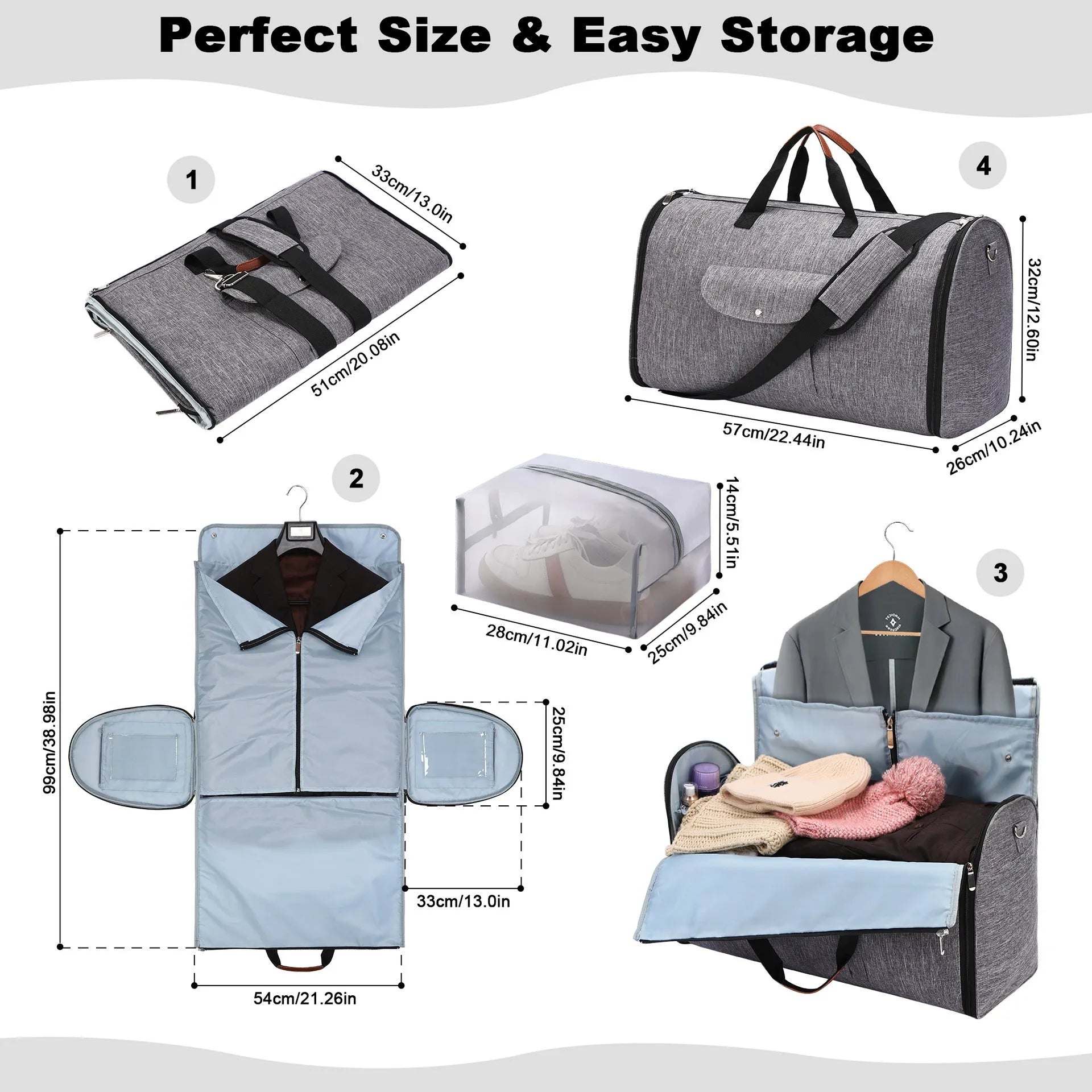 Folding duffel luggage bag in dark blue with 36-55L capacity for business travel and workouts