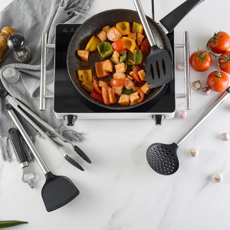 Black silicone kitchen spatula spoon set with stainless steel handles 16 pieces modern design