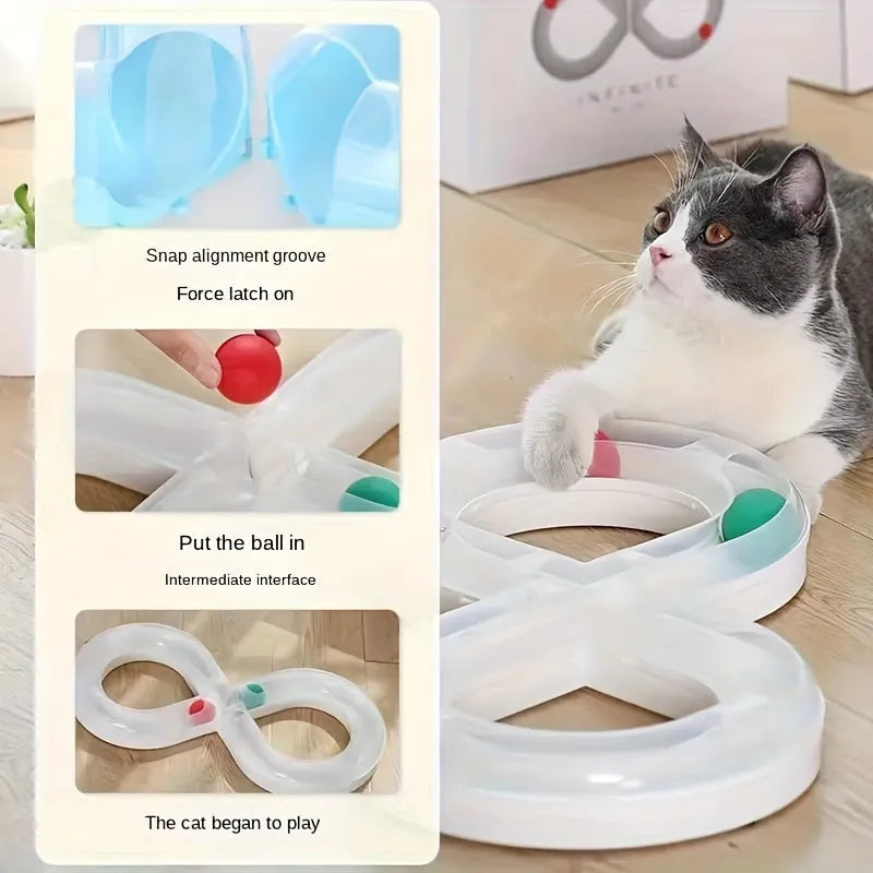 Blue rotating cat turntable toy with track ball and teasing stick measuring 50cm long