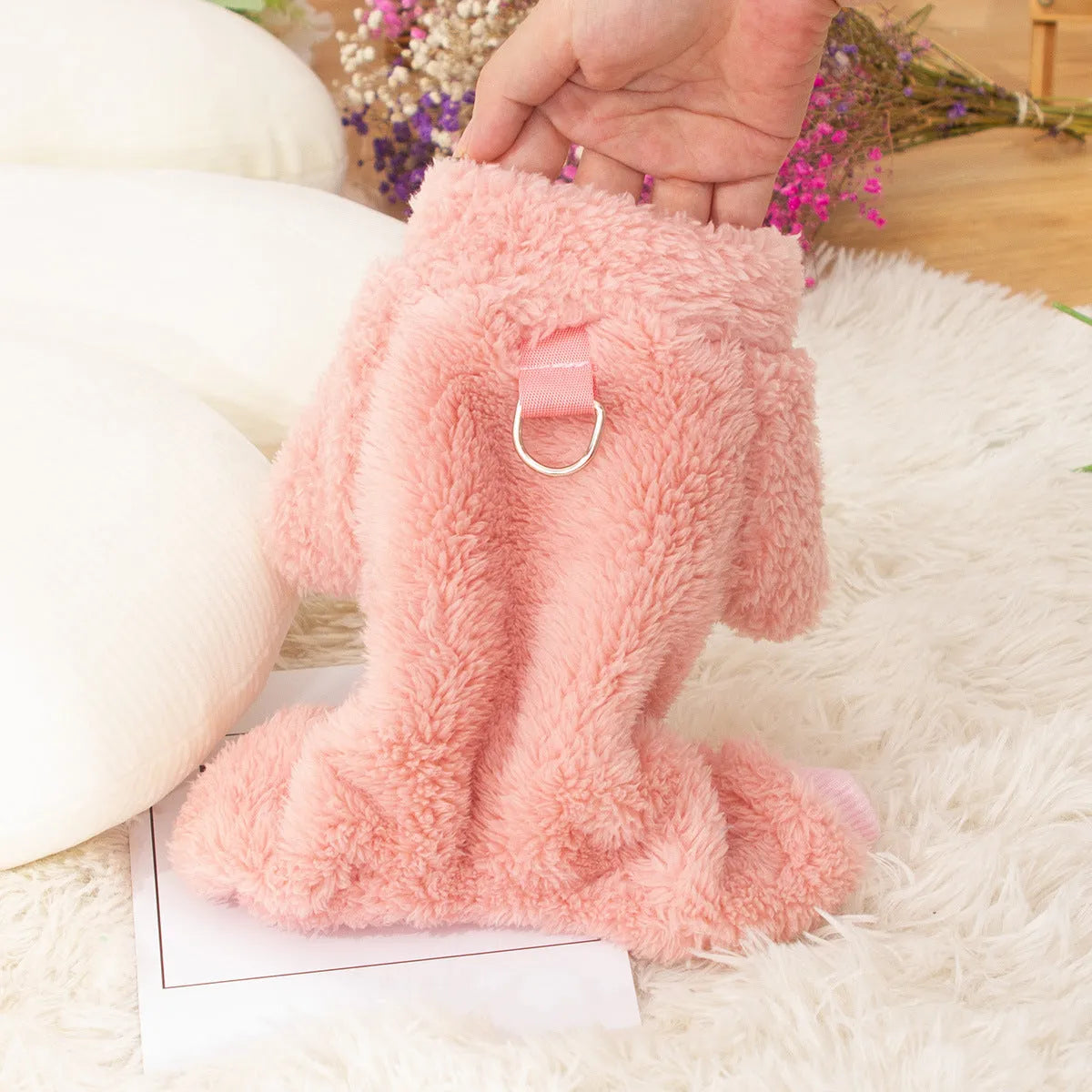 Blue four-legged dog clothes with high collar and towing ring made of double-sided plush cotton velvet
