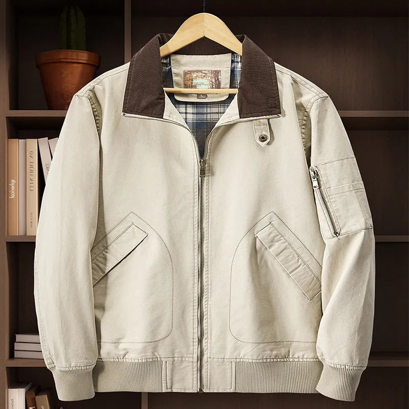 Men's plus-size washed cotton baseball flight jacket in Army Green