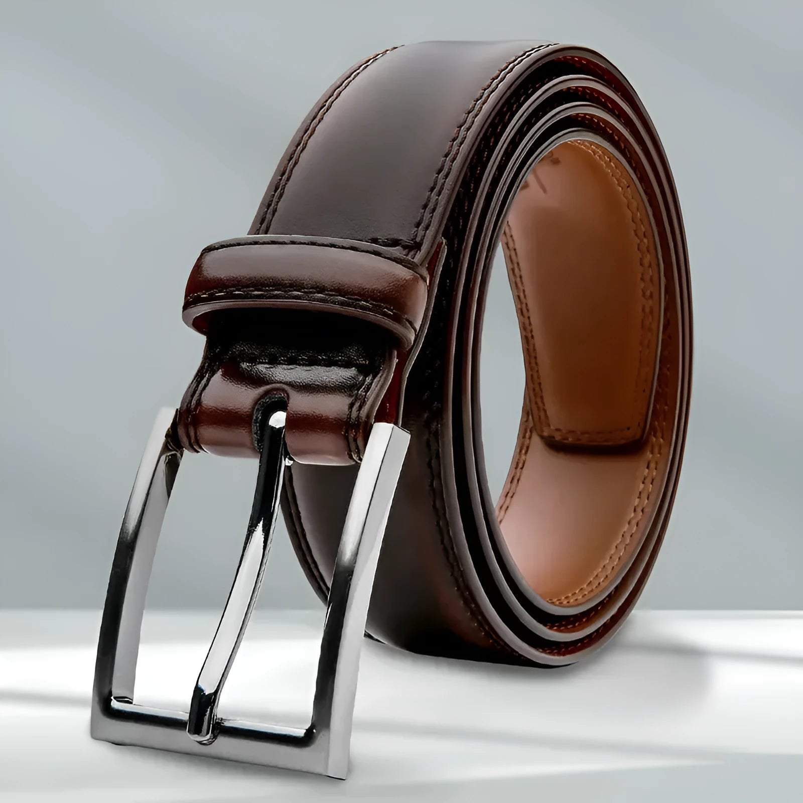 Men's genuine leather casual belt with an alloy buckle in Wild 95 grain brown, showing length options.
