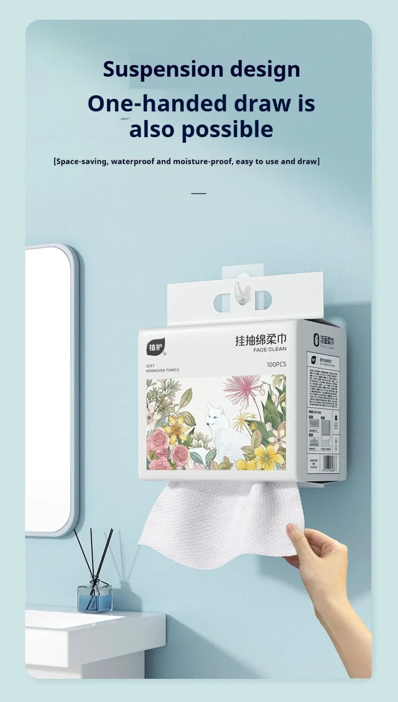 Disposable hanging roll of thick face cloths with 100 sheets in viscose-polyester blend